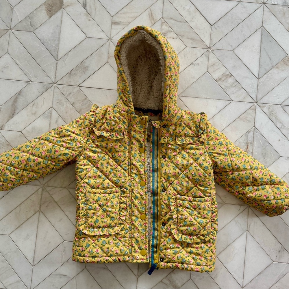 Mini Boden sz 3-4 Yellow Floral Quilted Jacket with Sherpa Lining